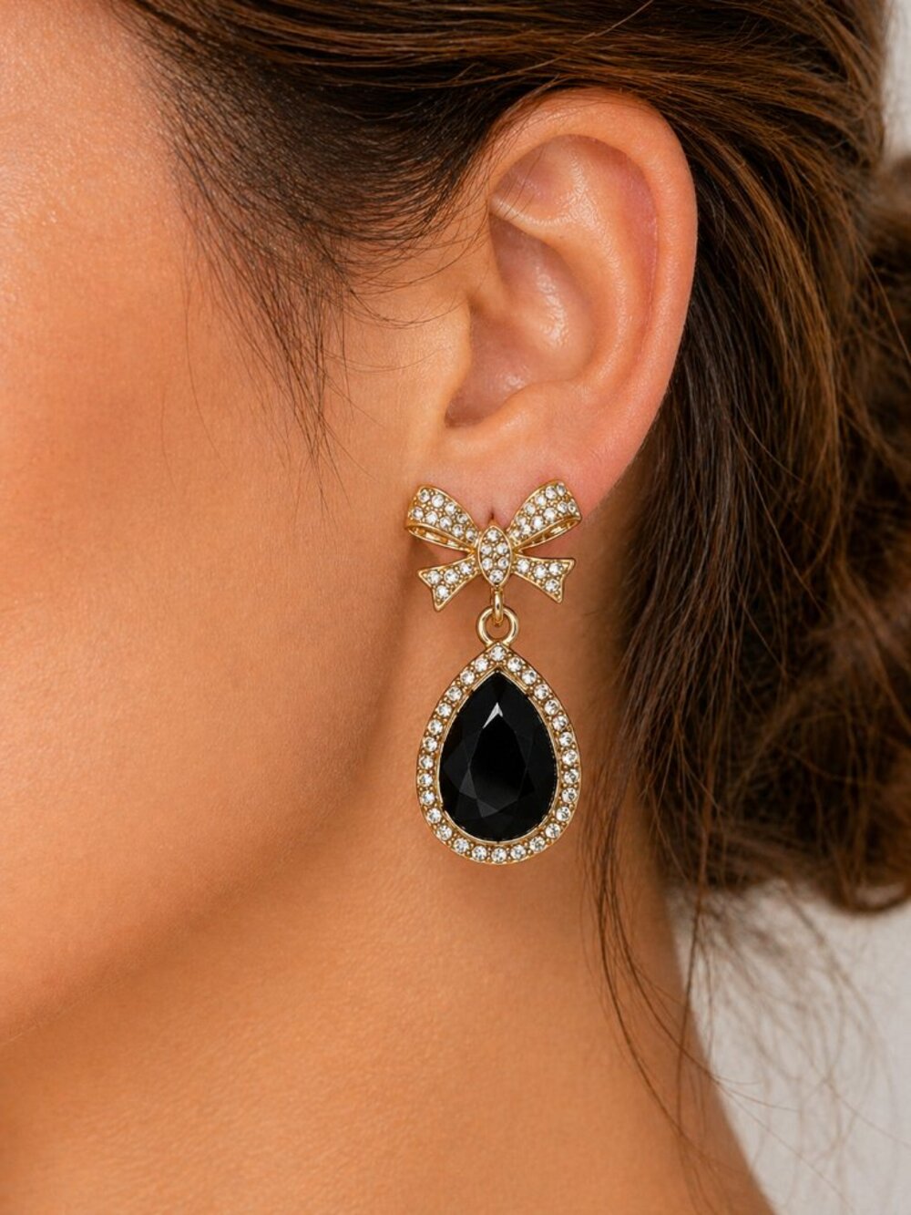 Mint - Gold Bow Rhinestone Drop Earrings Black Teardrop Statement NWT - LAST ONE